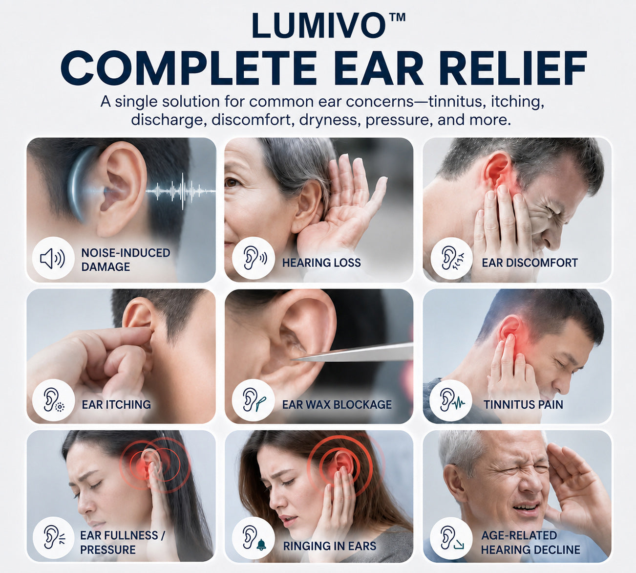 Common hearing and ear concerns supported by LUMIVO