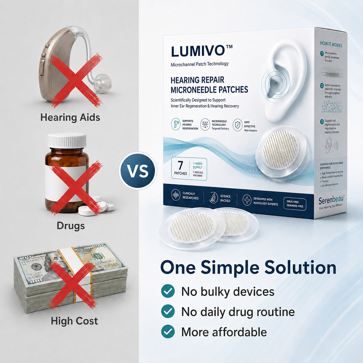 LUMIVO compared with bulky hearing aids, daily drugs and high costs