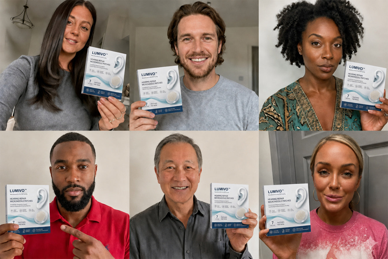 LUMIVO customers holding hearing repair microneedle patches
